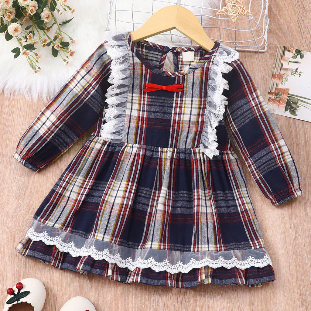 Baby Girl Dress With Lace Trim And Plaid Print - PrettyKid