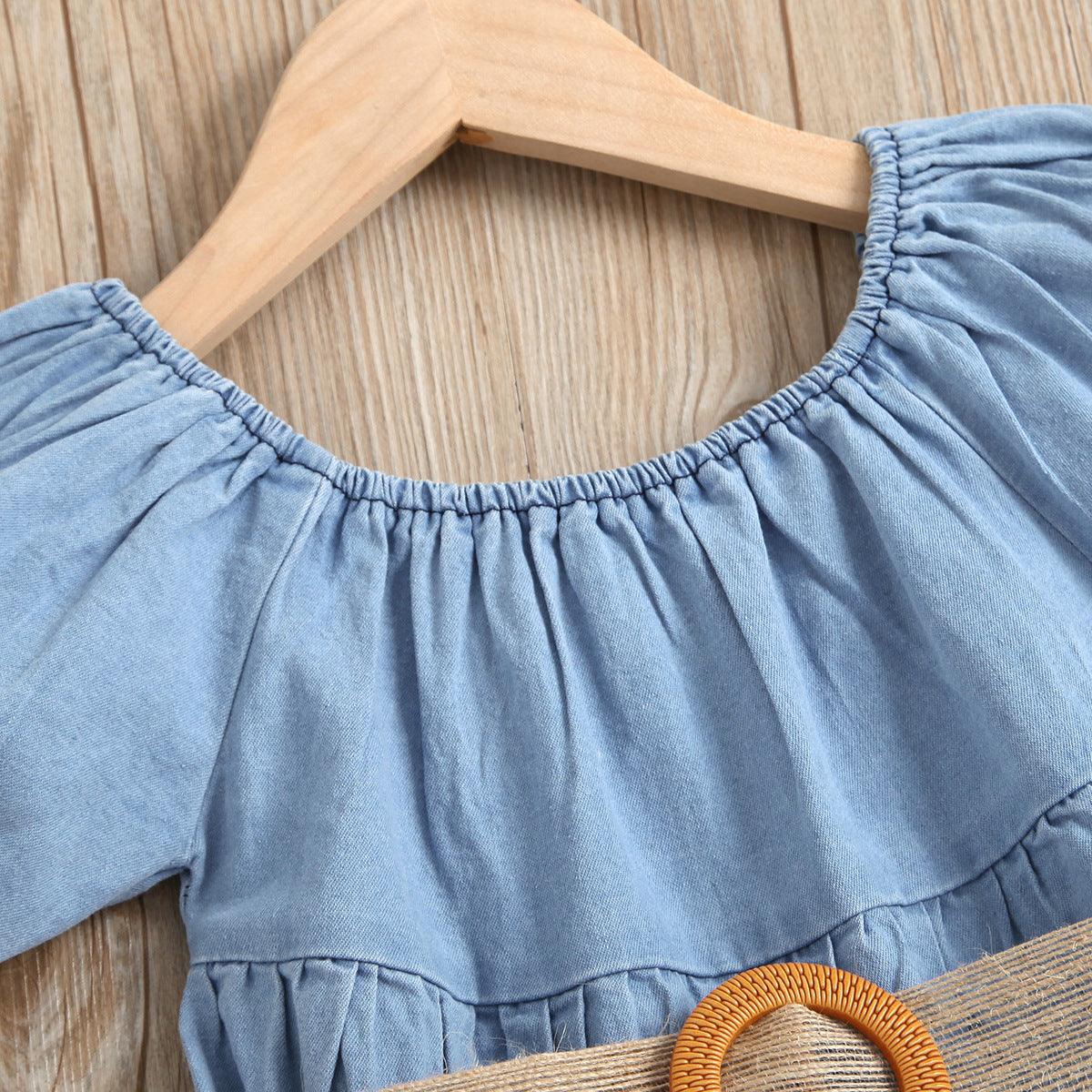 Toddler Kids Girls Blue Denim Short-sleeved Princess Dress Wholesale Little Girl Dresses - PrettyKid