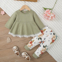 Toddler Kids Girls' Solid Lace Stitching Top Flower Print Pants Set - PrettyKid