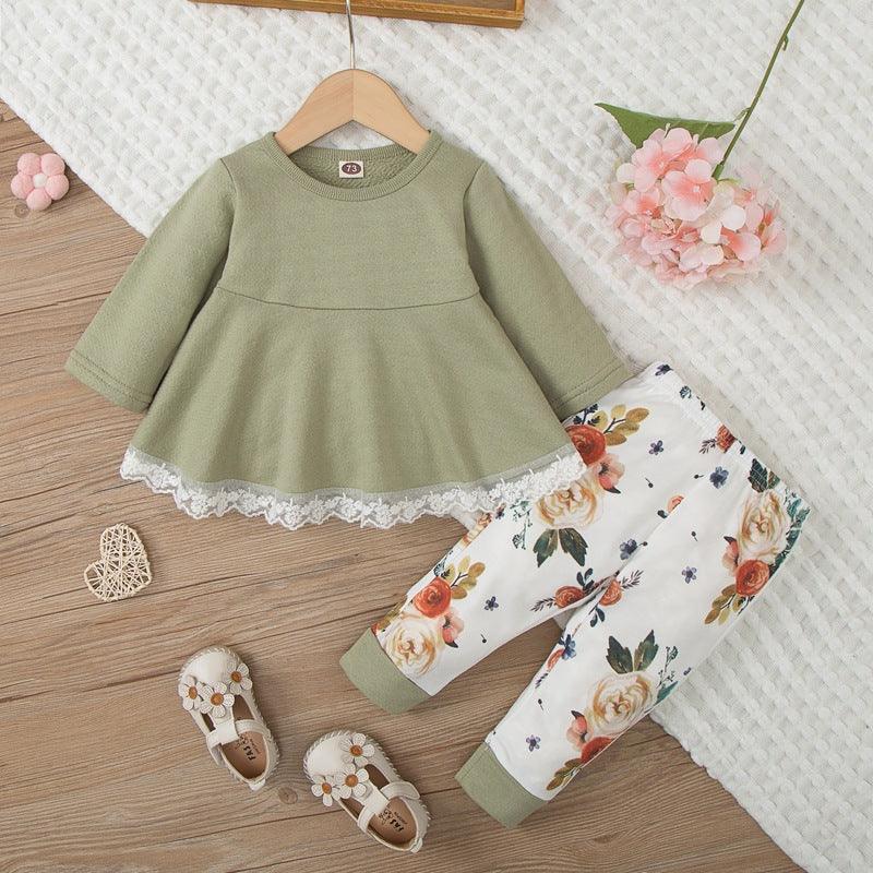 Toddler Kids Girls' Solid Lace Stitching Top Flower Print Pants Set - PrettyKid