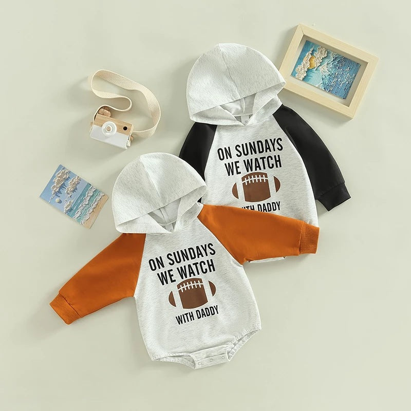 Baby Boys Solid Color Alphabet Baseball Print Hooded Color Blocking Jumpsuit - PrettyKid