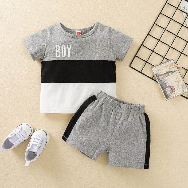 Toddler Boys Solid Color Letter Print Color Blocking Short-sleeved Suit - PrettyKid