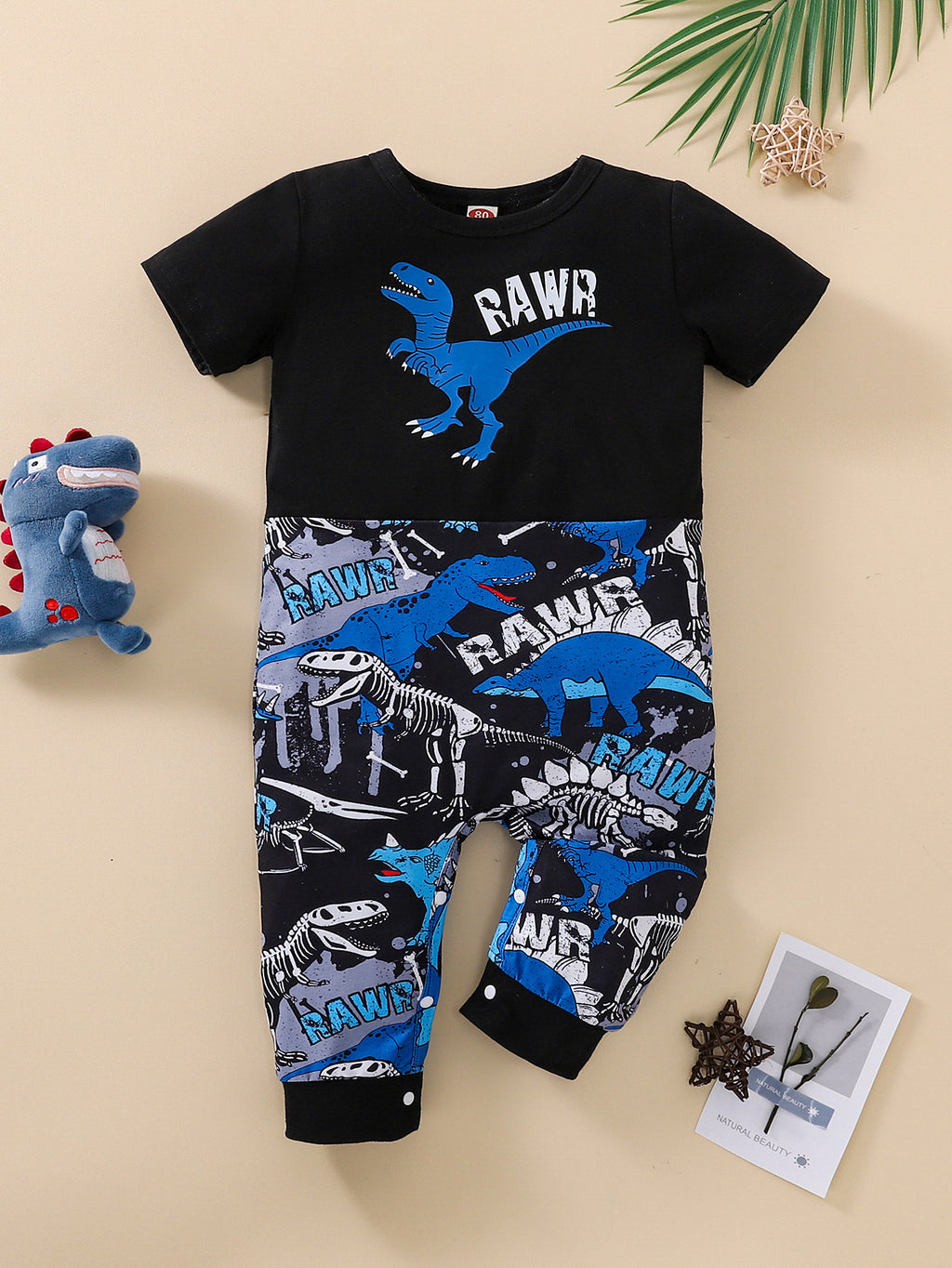 Baby Boys Solid Color Dinosaur Print Stitched Short Sleeve Baby Jumpsuit - PrettyKid
