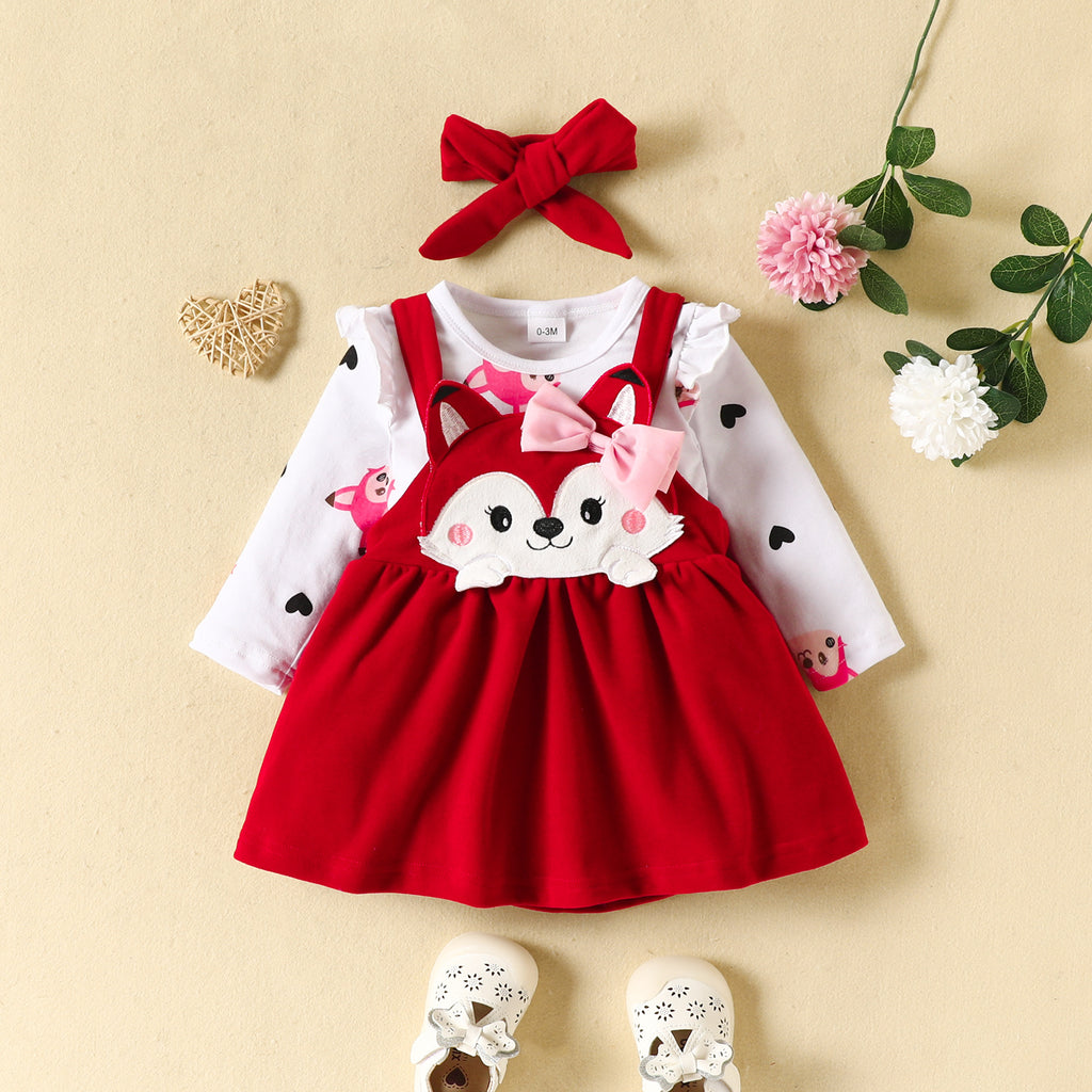 Baby Girls Solid Color Love Animal Jumpsuit Fox Embroidery Straps Skirt Set - PrettyKid