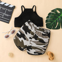 Toddler Kids Girl Solid Letter Print Suspender Top Camouflage Shorts Sportswear - PrettyKid