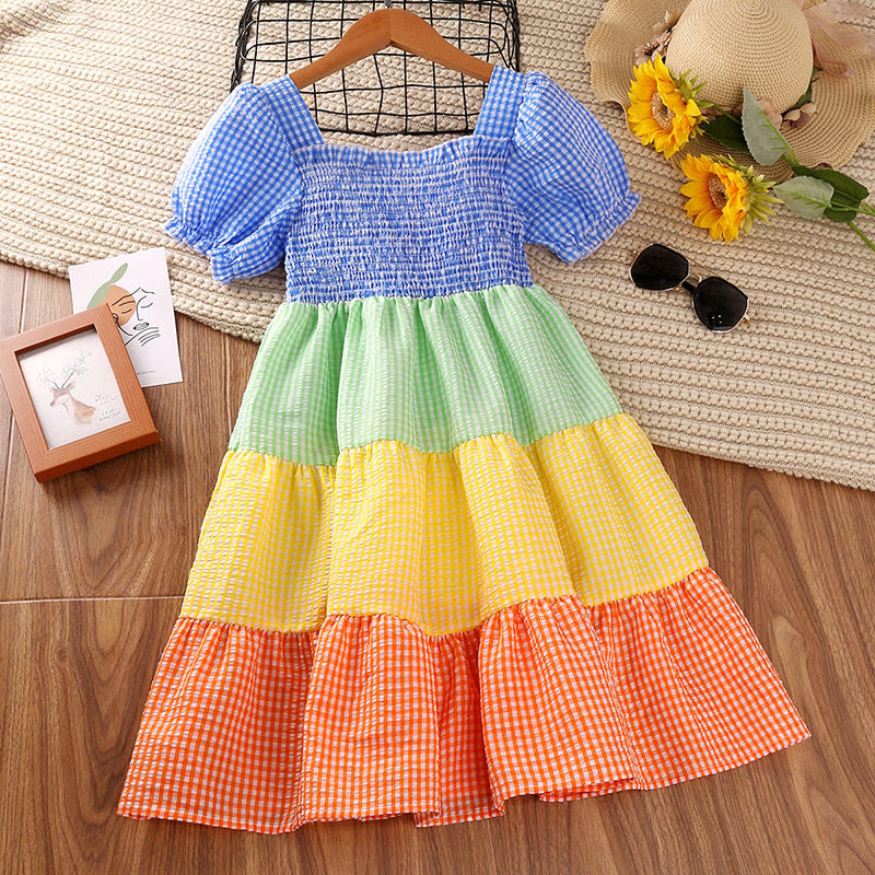 Girls Summer Rainbow Plaid Print Square Neck Short Sleeve Dress - PrettyKid