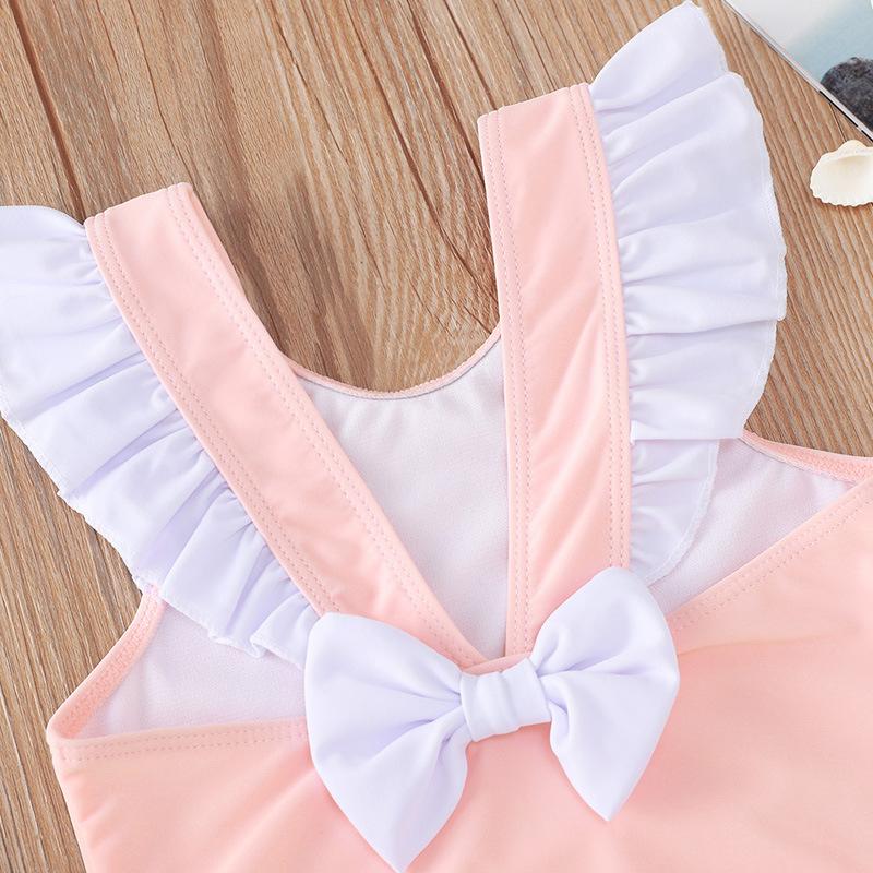 Pink Flounced Sleeve Bow Swimsuit - PrettyKid