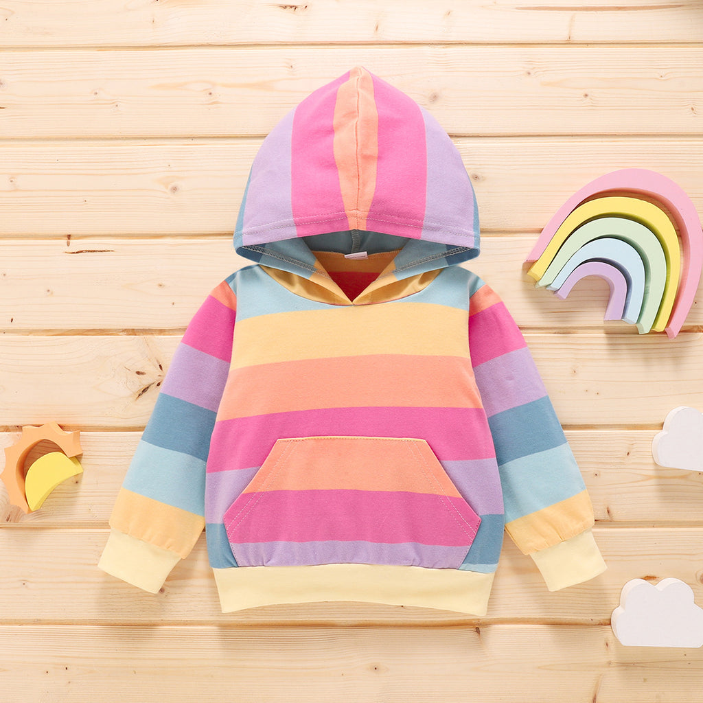 Toddler Kids Children's Rainbow Printed Long Sleeve Hooded Top - PrettyKid