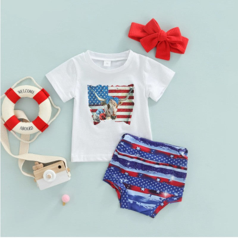 Independence Day Suit 2022 Summer New Boys and Girls Star Stripes Printed Short-sleeved T-shirt Shorts Two-piece Set - PrettyKid