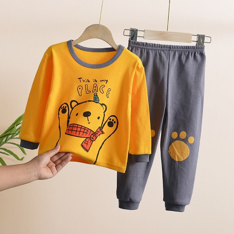 Kids Boys Girls Solid Color Cute Animal Print Long-sleeved Trousers Pajamas Set - PrettyKid