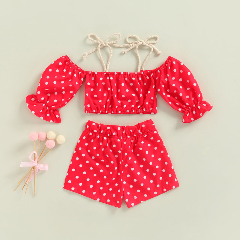 Toddler Kids Girls Solid Dot Print Suspender Short Sleeve Top Shorts Summer Suit - PrettyKid