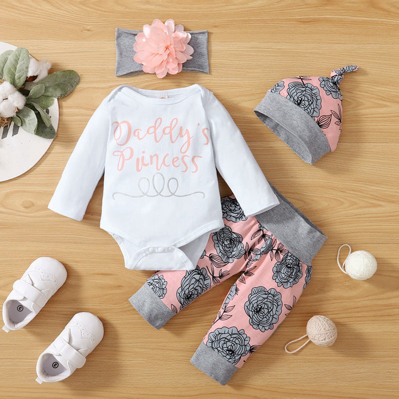 Baby Girls Solid Color Letters Long-sleeved Jumpsuit Floral Print Pants Hood Hat Four-piece Set - PrettyKid