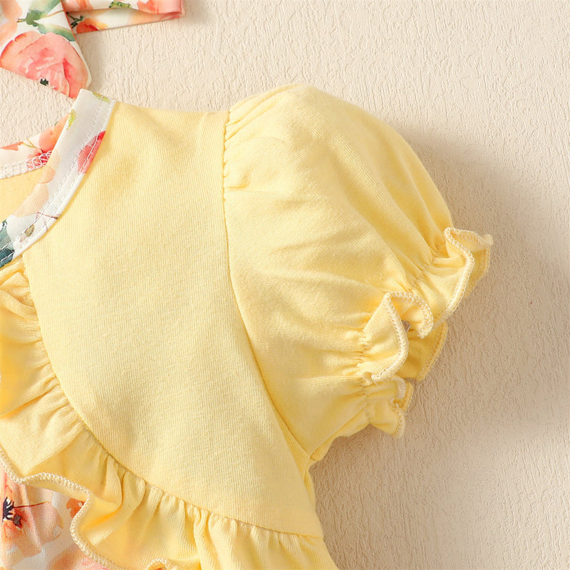 Baby Kids' New Floral Yellow Bubble Sleeve Dress 2-Piece Set