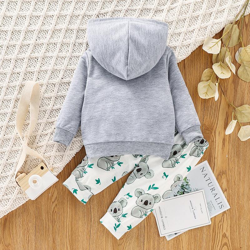 Toddler Boys Girls Solid Color Cartoon Print Hooded Long Sleeved Sweatshirt Set - PrettyKid