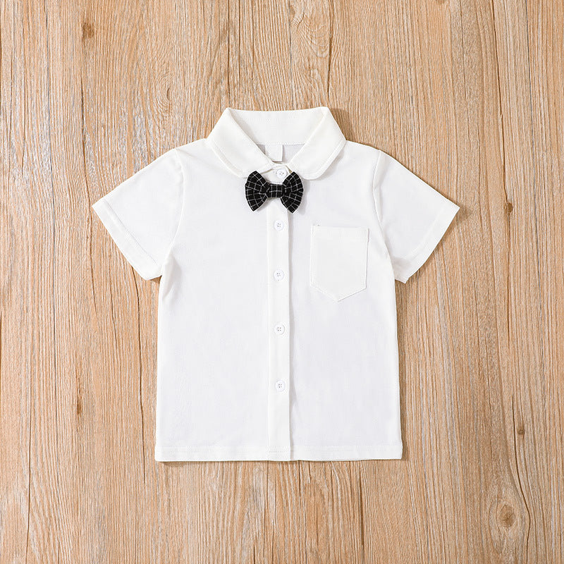 Toddler Kids Boys White Short Sleeved Shirt Top Black Plaid Printed Suspender Shorts Set - PrettyKid
