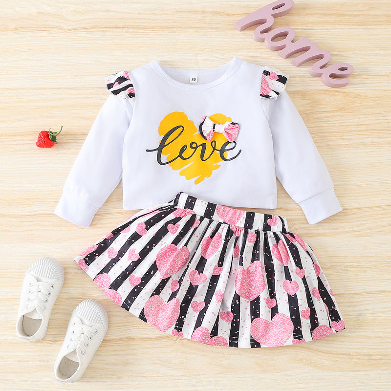 Toddler Kids Girl Solid Letter Love Print Long Sleeve T-Shirt Short Skirt Valentine's Day Set - PrettyKid
