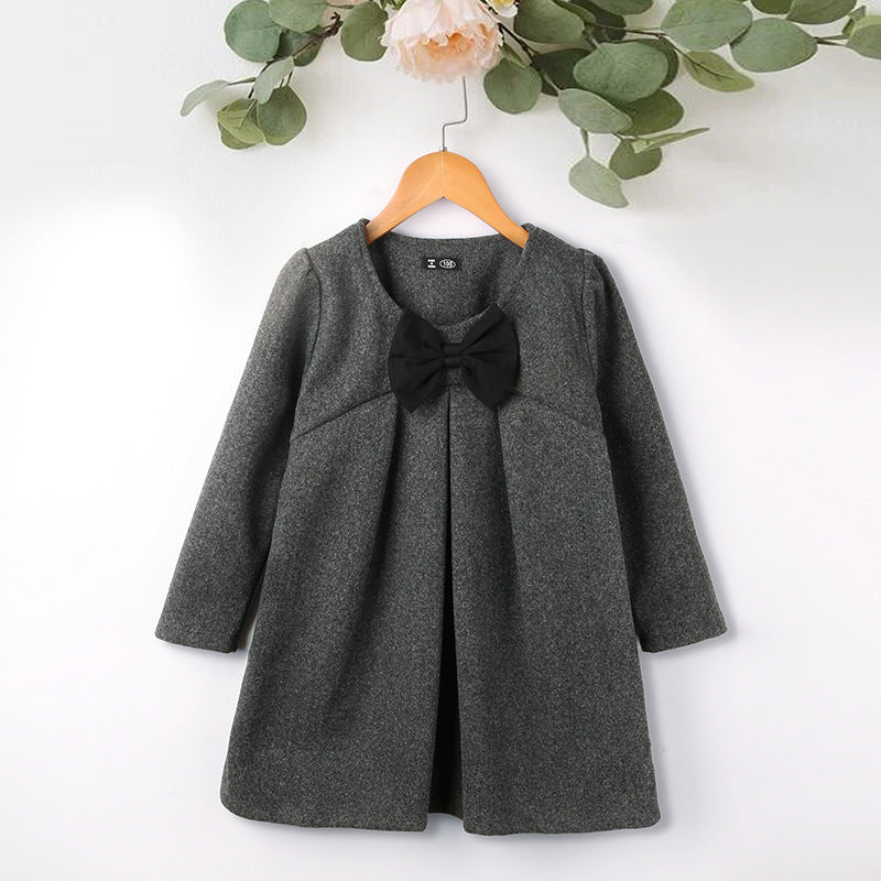 Toddler Girls Solid Color Bow Long Sleeve Dress Kids Boutique Wholesale - PrettyKid