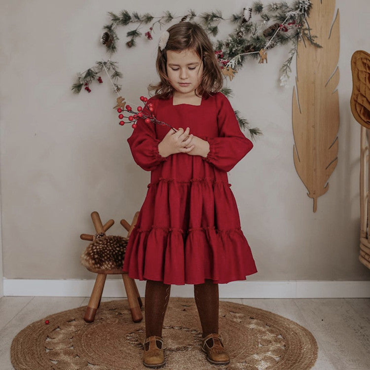 Toddler Kids Girl Linen Cotton Solid Lapel Long Sleeve Ruffle Dress - PrettyKid