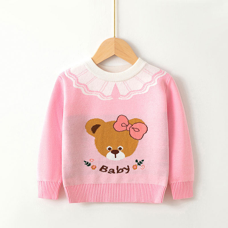 Toddler Kids Girls Solid Cartoon Bear Sweater Pullover - PrettyKid