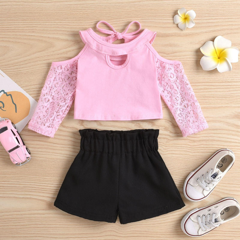 Toddler Girls Pink Lace Sleeves Off Shoulder Top Black Shorts Set - PrettyKid