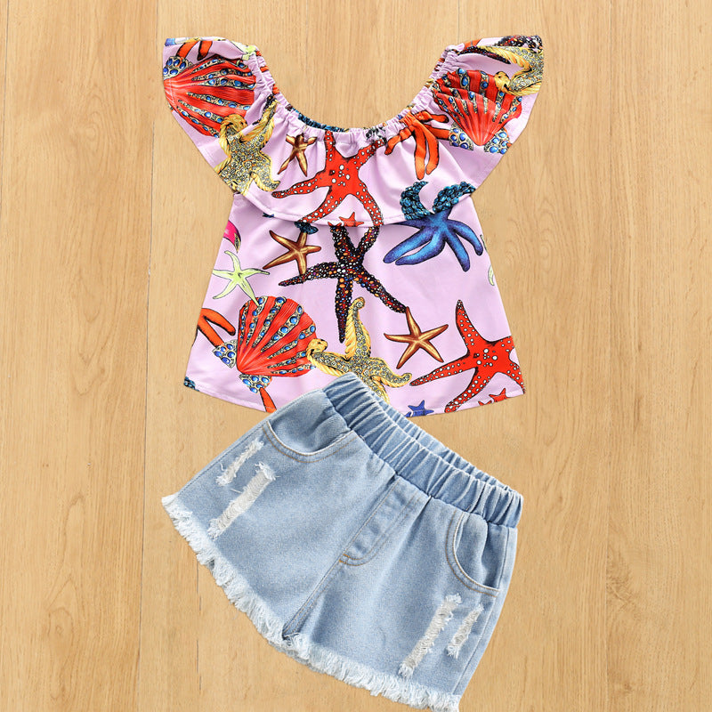Toddler Kids Girls Color Windmill Print Sleeveless Top Denim Shorts Set - PrettyKid