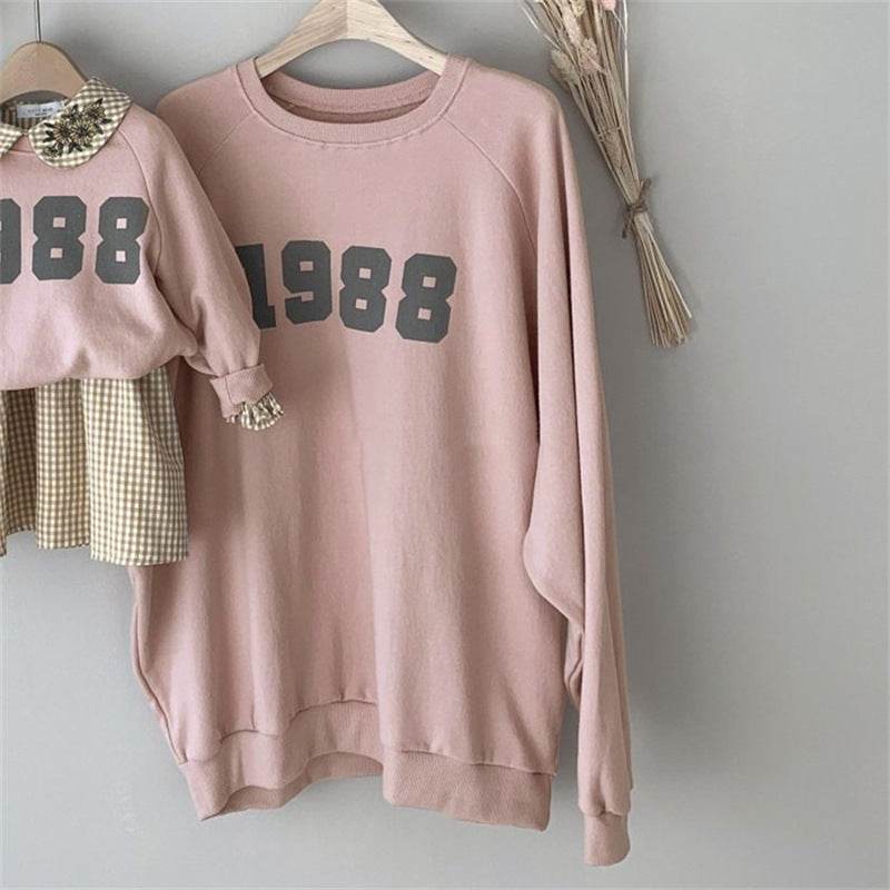 Mommy and Me Solid Color Digital Print Loose Long-sleeved Sweatshirt T-shirt - PrettyKid