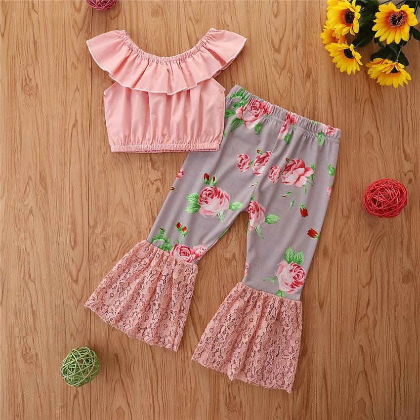 Toddler Kids Girls Short Sleeve Top Printed Lace Stitched Flared Pants Set Kids Boutique Wholesale - PrettyKid