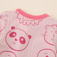 Baby Girls Pink Cartoon Panda Long Sleeved Foot Wrap Bodysuit Hat Two Piece Set - PrettyKid