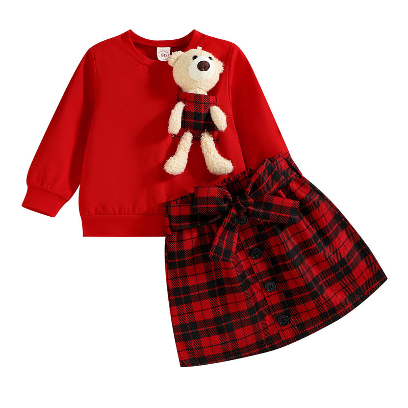 Toddler Girls Solid Cute Bear Doll Sweater Plaid Print Skirt Suit - PrettyKid
