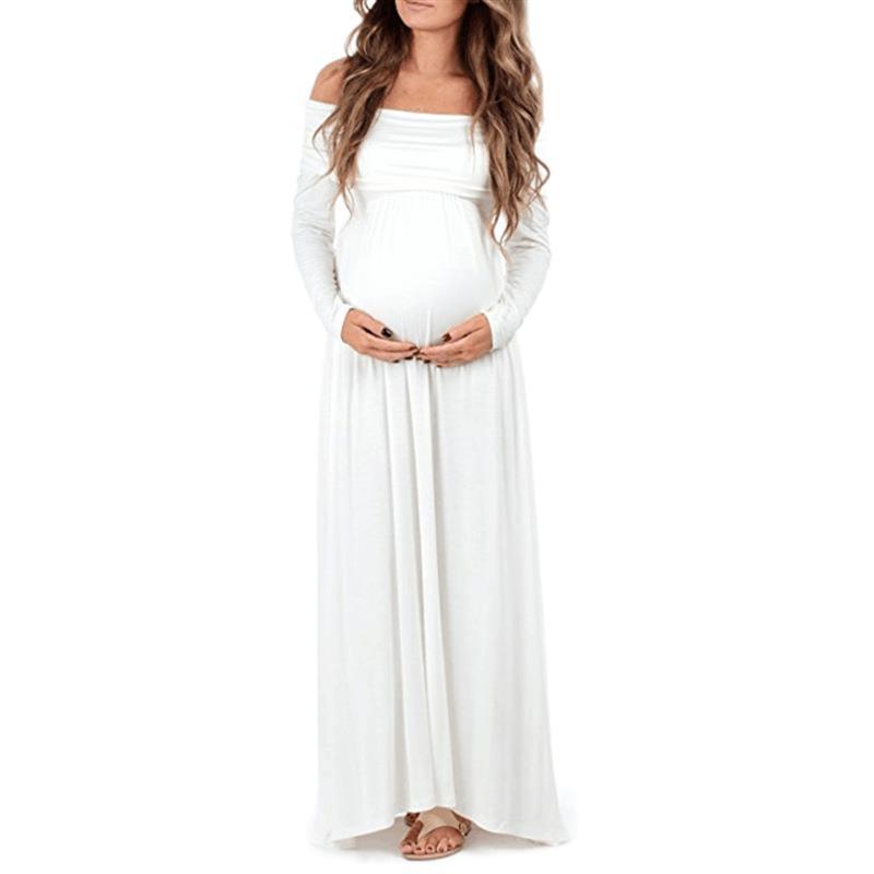 Women's Solid Color Long-sleeved One-shoulder Lapel Drag Maternity Dress - PrettyKid
