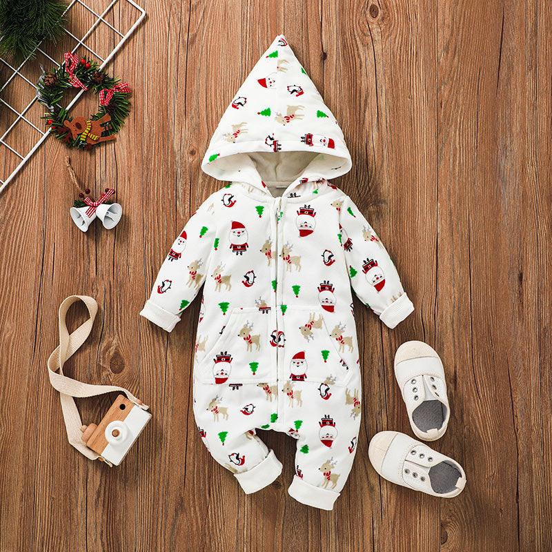 Baby Boys Christmas Printed Long Sleeve Zipper Jumpsuit - PrettyKid