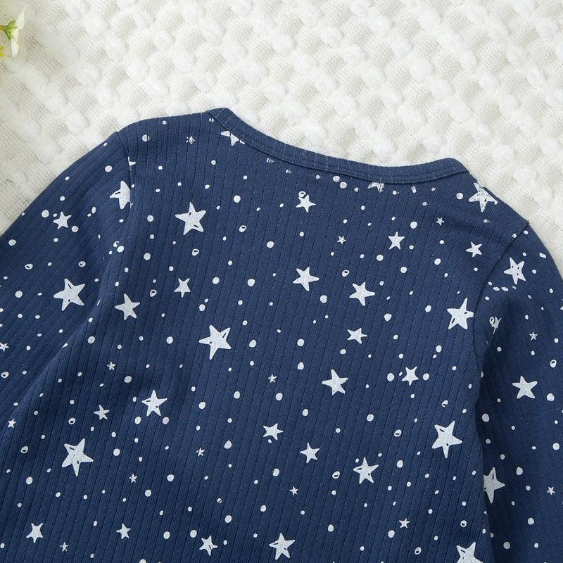 Baby Boys Solid Star Moon Printed Long Sleeve Jumpsuit - PrettyKid