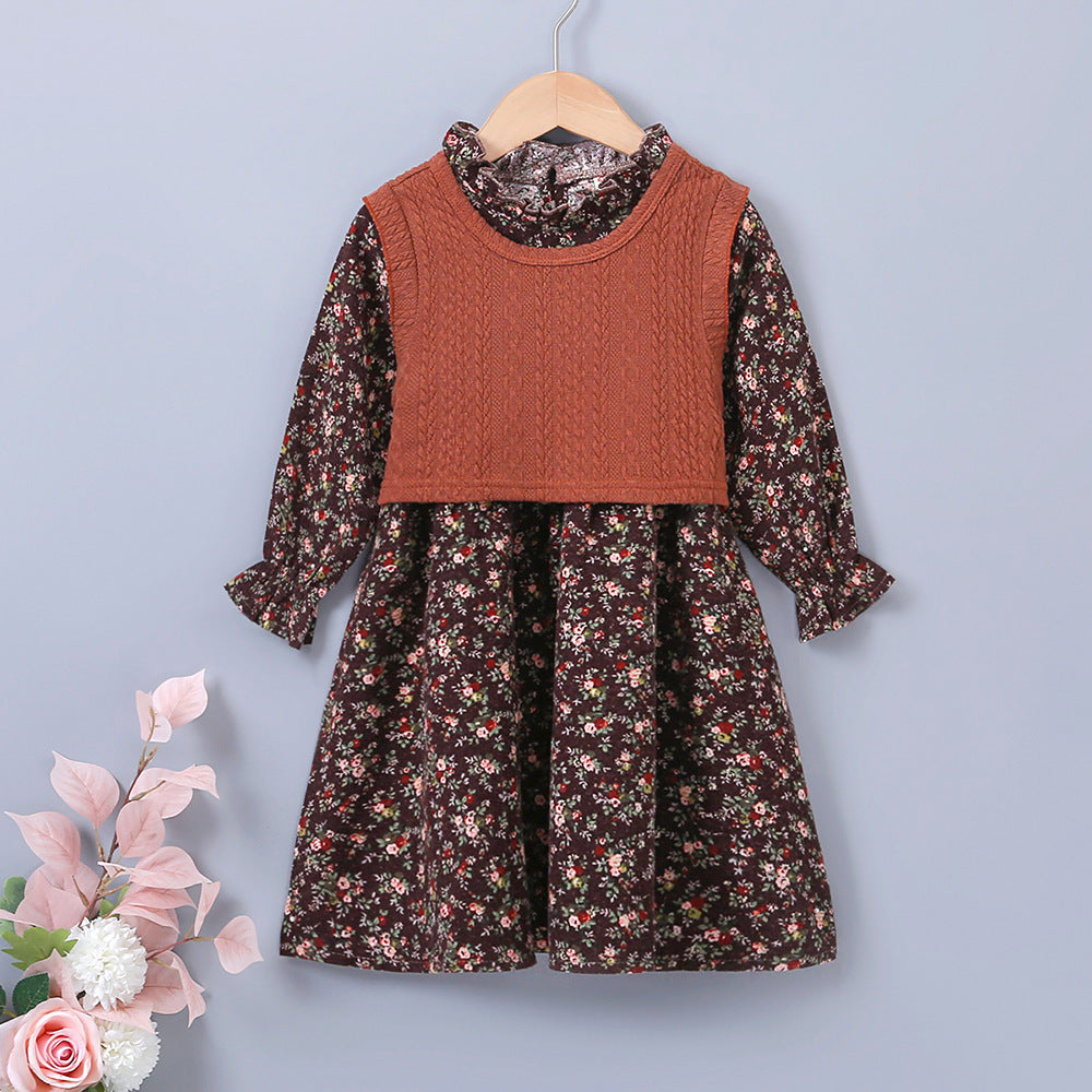 Toddler Kids Girls Knitted Vest Floral Dress Two Piece Set - PrettyKid