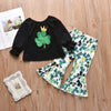 Kids Girl's Solid Color Long Sleeve Top Four Leaf Grass Print Flared Pants Set - PrettyKid