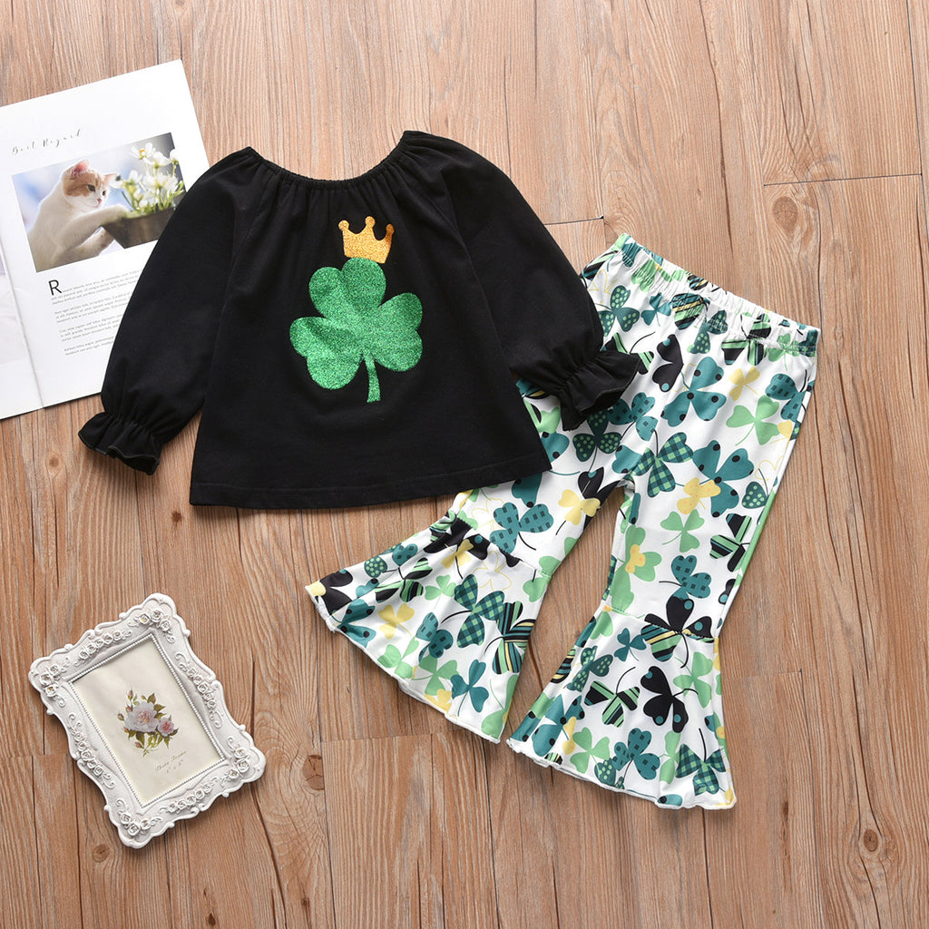 Kids Girl's Solid Color Long Sleeve Top Four Leaf Grass Print Flared Pants Set - PrettyKid