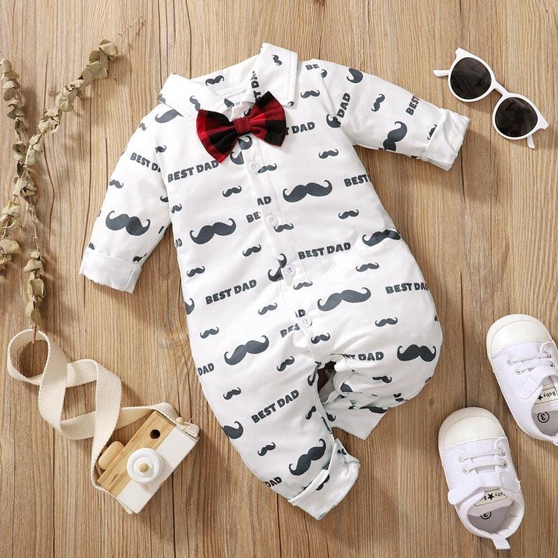 Baby Boys Cartoon Beard Print Bow Tie Bow Tie Long-sleeved Jumpsuit - PrettyKid