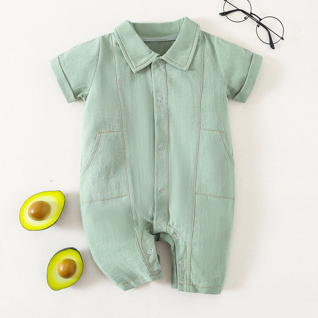 Baby Boys Summer Solid Short Sleeved Polo Collar Jumpsuit - PrettyKid