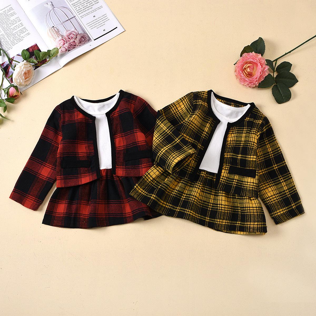 Toddler Kids Girls' Plaid Long Sleeve Coat Dress Two Piece Set - PrettyKid