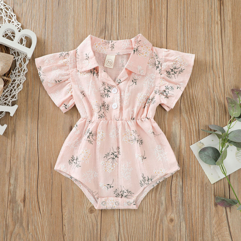 Baby Girl Solid Floral Print Short Sleeve Jumpsuit - PrettyKid