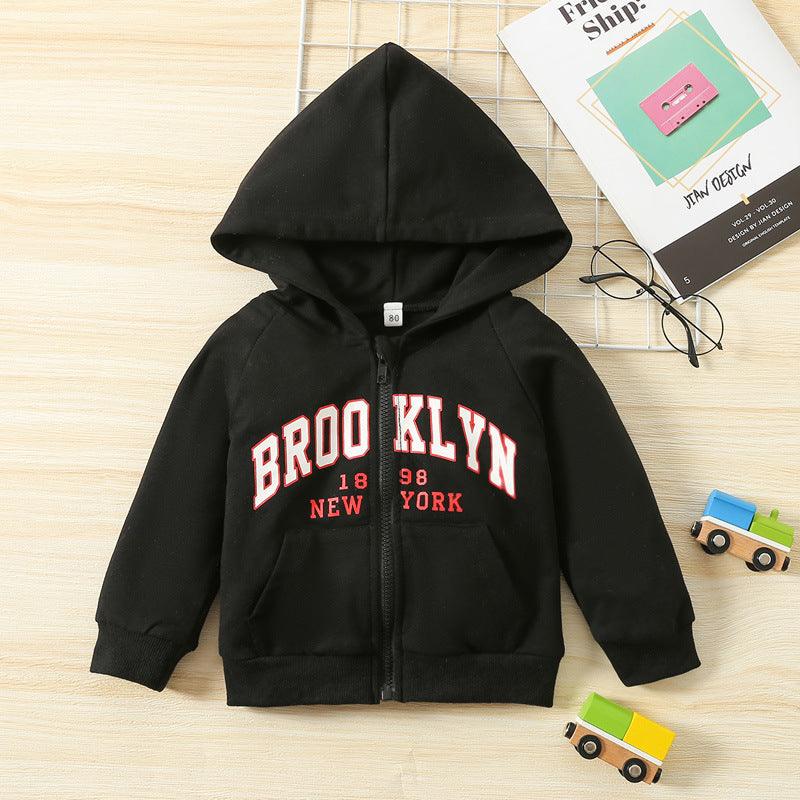 Toddler Boys Girls Solid Lettered Print Two Side Pocket Zip Hoodie Jacket - PrettyKid