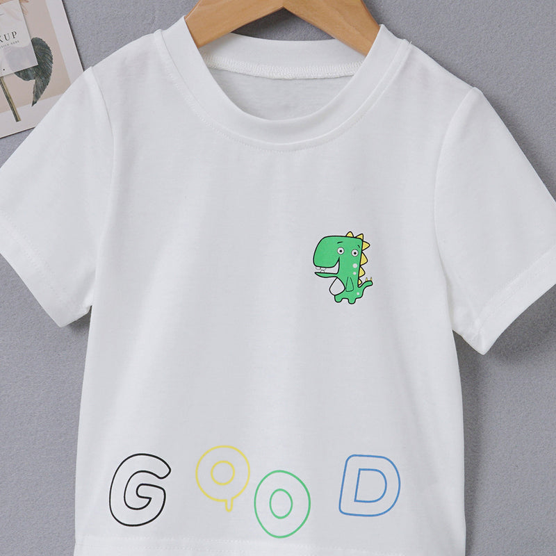 Toddler Kids Boys White Cartoon Dinosaur Printed Letter T-shirt Shorts Set - PrettyKid