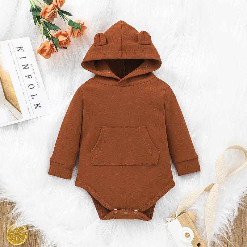 Baby Boys Girls Solid Color Long Sleeve Hooded Bear Jumpsuit - PrettyKid