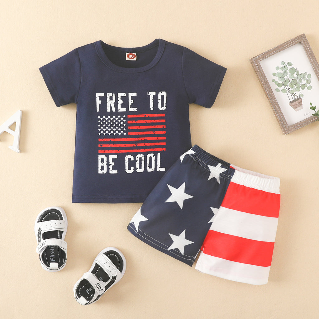 Toddler Boys Solid Color Independence Day Stripe Printed Short Sleeve Shorts Set - PrettyKid