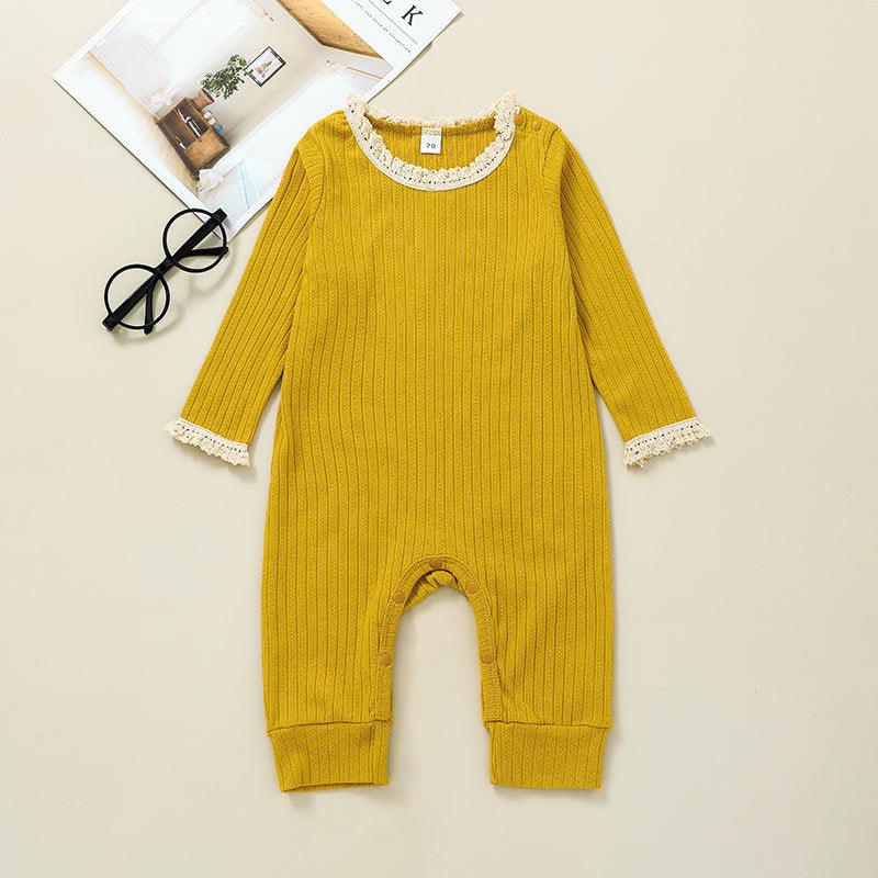 Baby Girls Solid Color Long Sleeve Knit Stripe Jumpsuit - PrettyKid