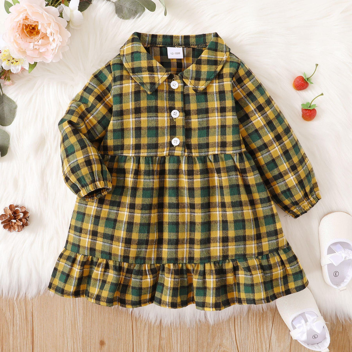 Toddler Girls Plaid Printed Long Sleeve Ruffle Dress - PrettyKid