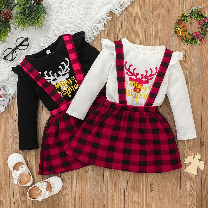 Christmas Dress Long Sleeve Strap Red Plaid Elk Skirt Set - PrettyKid
