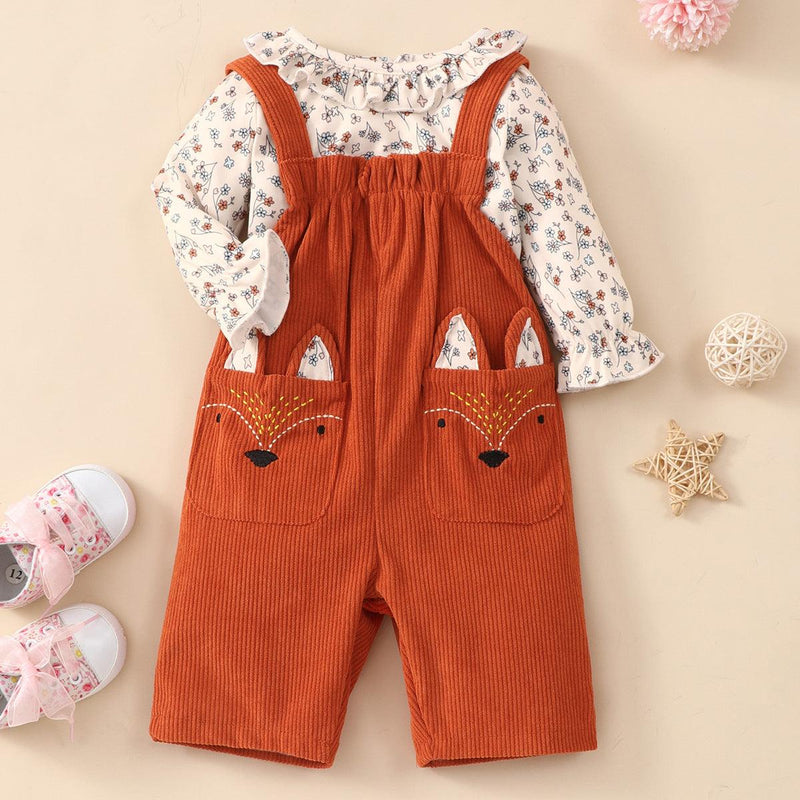 Toddler Kids Girl Floral Print Top Cartoon Fox Embroidery Pocket Corduroy Backpack Pants Set - PrettyKid