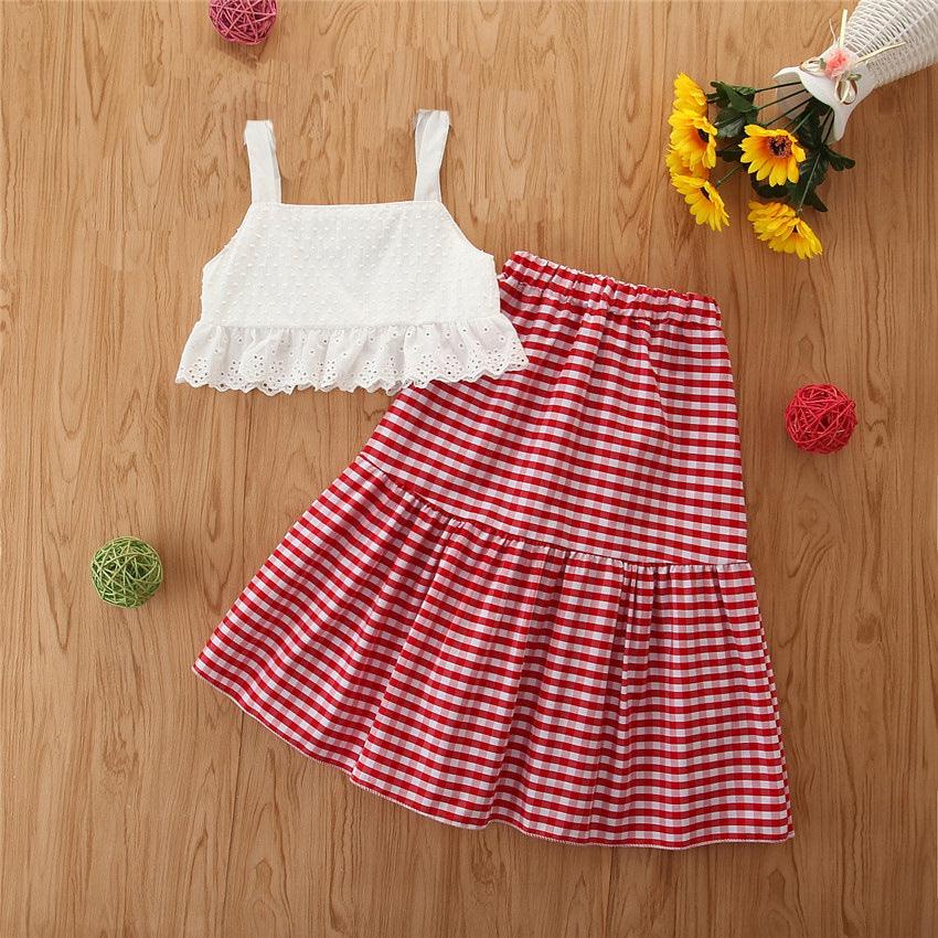 Toddler Kids Girls Solid Lace Suspender Plaid Skirt Set Wholesale Girls Dresses - PrettyKid