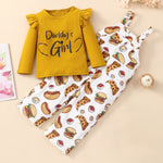 Toddler Kids Girls' Solid Color Letter Printed Long Sleeve Top Cartoon Food Printed Suspender Pants Set - PrettyKid