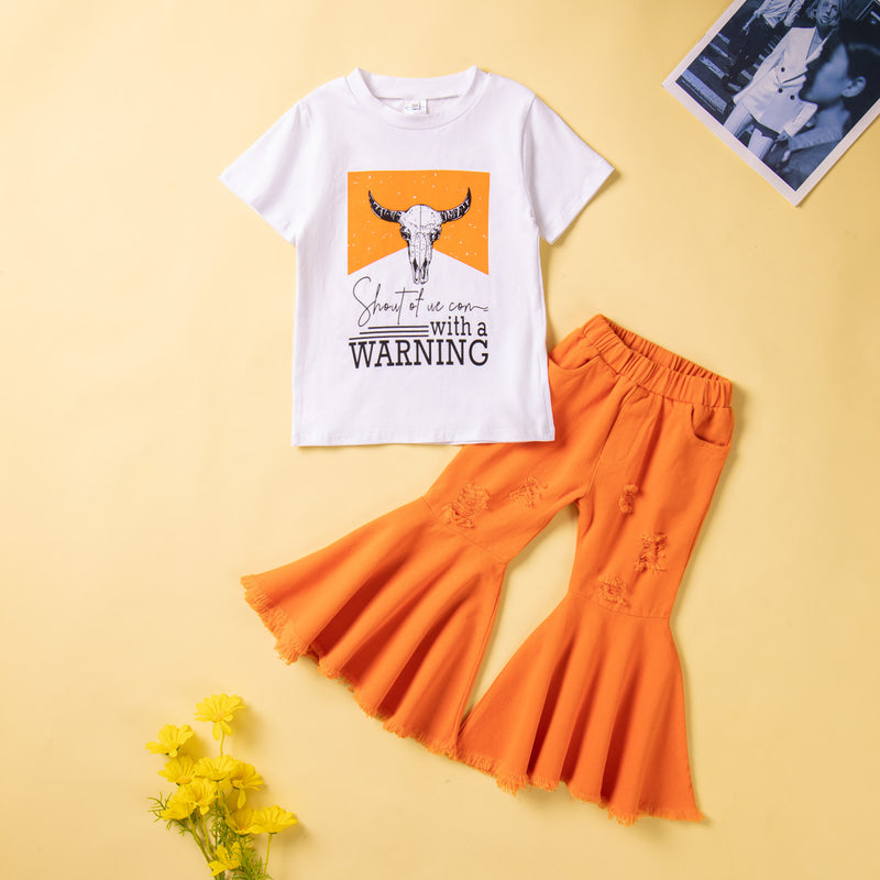 2023 Spring and Summer New Girls' Suit Short-sleeved T-shirt+denim Flared Trousers Two-piece Set - PrettyKid